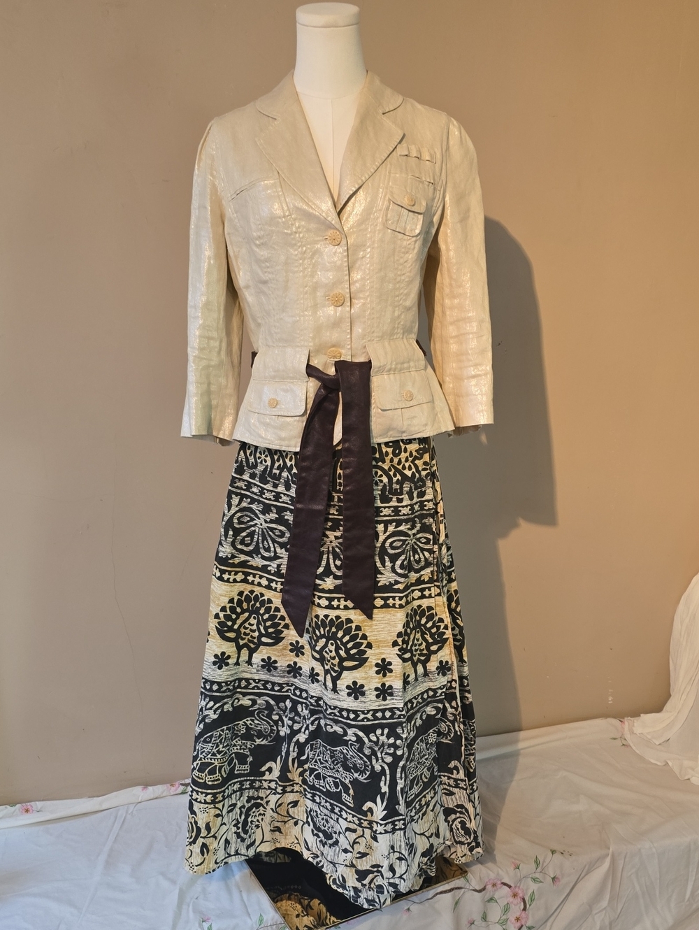 Cream Cropped Jacket with Black & Cream Printed Maxi Wrap Around Skirt